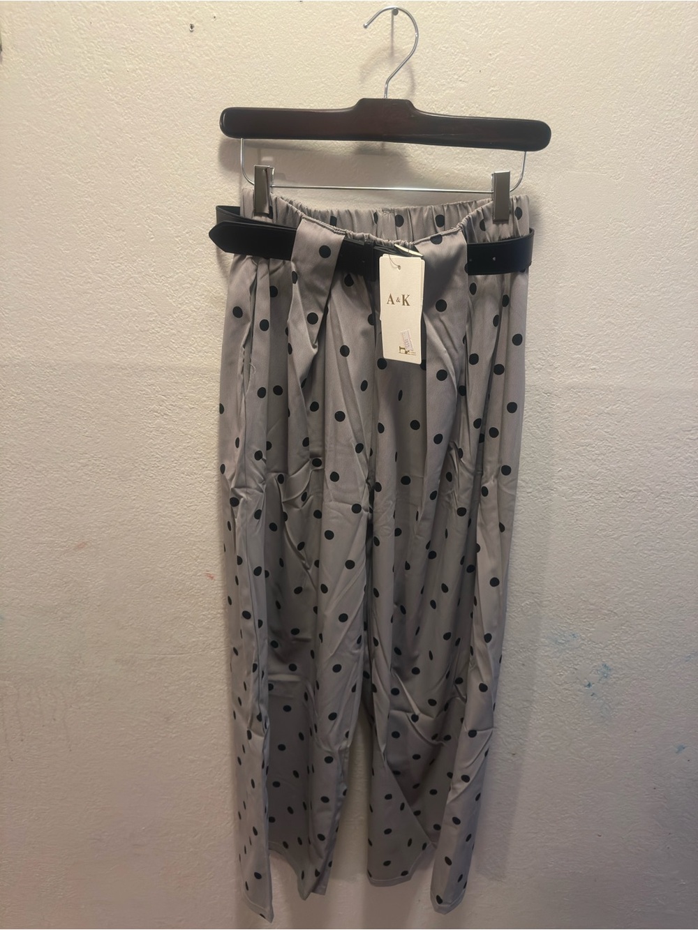 Polka Dot Wide Leg Pants in Light Gray+Belt included